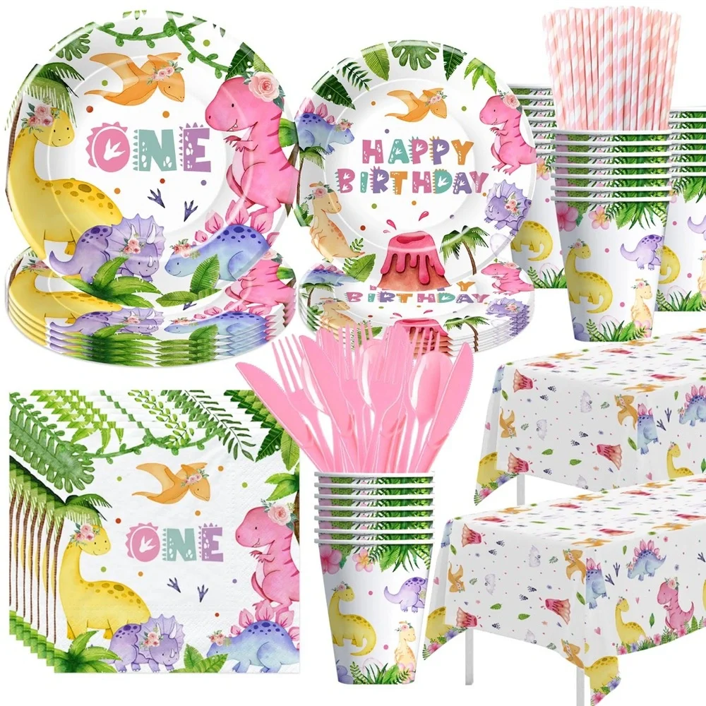 Dinosaur 1st Birthday Party Supplies Set - Pink, Green, Purple